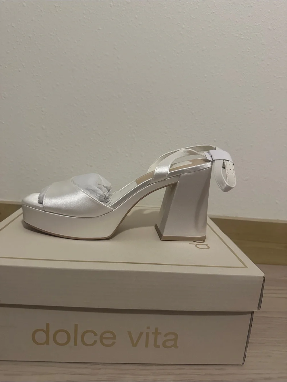 Dolce Vita Felicia Satin White Platform Block Heel Sandals